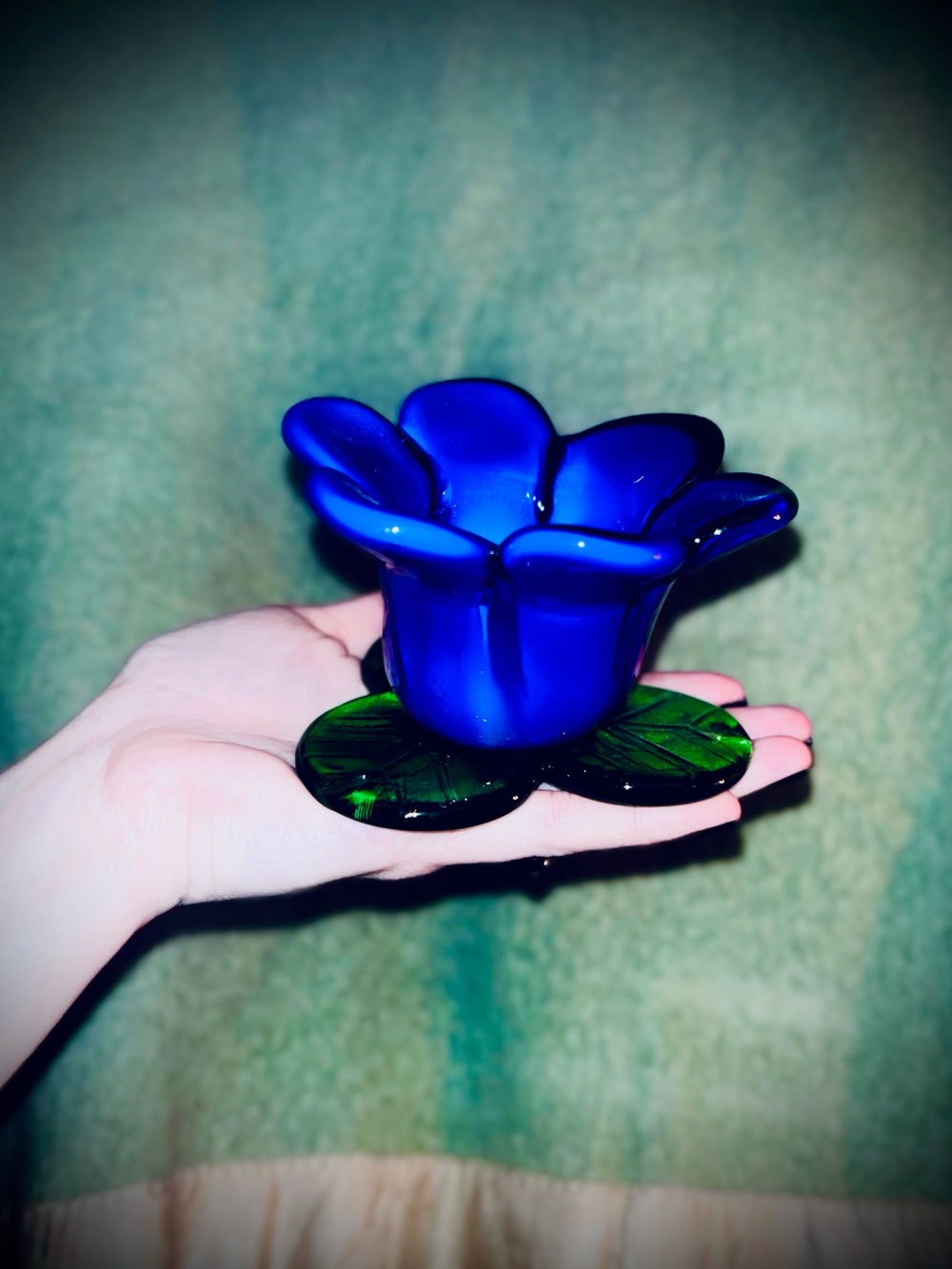 Vtg 1970s Handblown Art Glass Cobalt Blue Tulip Votive Candle Holder